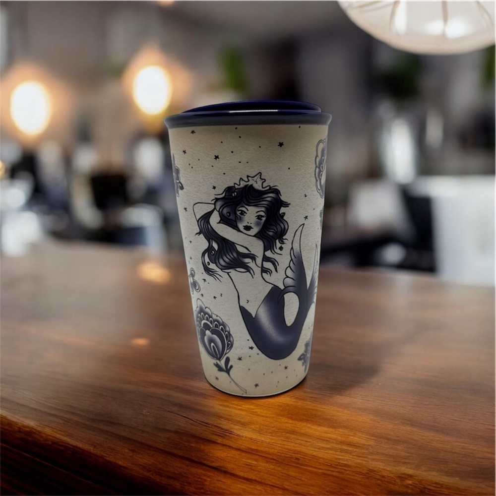 Starbucks 2016 Sailor Siren Tattoo Ceramic Travel Mug Lid Anchor Flowers 12 Oz